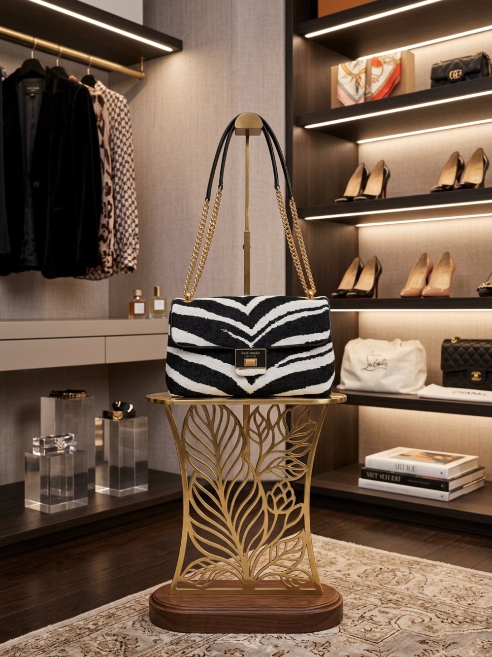 kate spade Black and White Zebra-Print Shoulder Bag with Gold Chain